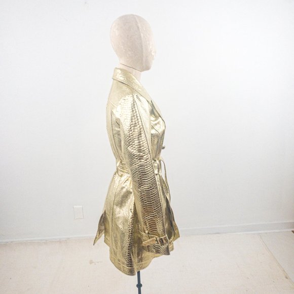 Vintage 90s S Real Leather Gold Croc Print Coat - Picture 6 of 10